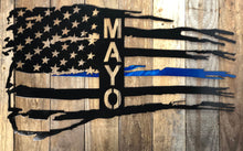 Load image into Gallery viewer, Personalized Tattered Thin Blue Line American Flag Custom Metal Wall Art