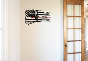 Personalized Tattered Thin Red Line American Flag Custom Metal Wall Art