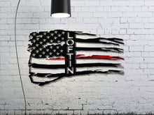Load image into Gallery viewer, Personalized Tattered Thin Red Line American Flag Custom Metal Wall Art
