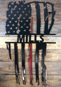 Personalized Vertical Tattered Thin Red Line American Flag Custom Metal Wall Art