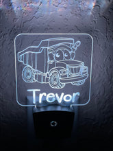 Load image into Gallery viewer, Personalized LED Dump Truck Night Light | 7 Color Changing | Plug in Night Light | Name Light | Children's Night Light | Kids Room Light