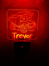 Load image into Gallery viewer, Personalized LED Dump Truck Night Light | 7 Color Changing | Plug in Night Light | Name Light | Children's Night Light | Kids Room Light