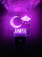 Load image into Gallery viewer, Personalized LED Moon & Stars Night Light | 7 Color Changing | Plug in Night Light | Name Light | Children's Night Light | Kids Room Light