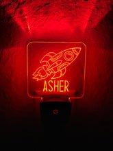 Load image into Gallery viewer, Personalized LED Spaceship Rocket Night Light | 7 Color Changing | Plug in Night Light | Name Light | Children's Night Light | Kids Room Light