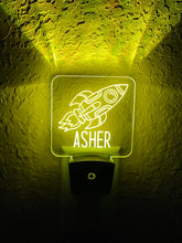 Load image into Gallery viewer, Personalized LED Spaceship Rocket Night Light | 7 Color Changing | Plug in Night Light | Name Light | Children's Night Light | Kids Room Light