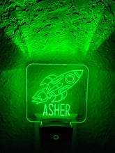 Load image into Gallery viewer, Personalized LED Spaceship Rocket Night Light | 7 Color Changing | Plug in Night Light | Name Light | Children's Night Light | Kids Room Light