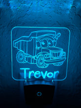 Load image into Gallery viewer, Personalized LED Dump Truck Night Light | 7 Color Changing | Plug in Night Light | Name Light | Children's Night Light | Kids Room Light