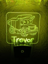 Load image into Gallery viewer, Personalized LED Dump Truck Night Light | 7 Color Changing | Plug in Night Light | Name Light | Children's Night Light | Kids Room Light
