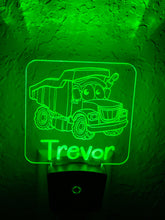 Load image into Gallery viewer, Personalized LED Dump Truck Night Light | 7 Color Changing | Plug in Night Light | Name Light | Children's Night Light | Kids Room Light