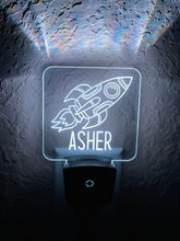 Load image into Gallery viewer, Personalized LED Spaceship Rocket Night Light | 7 Color Changing | Plug in Night Light | Name Light | Children's Night Light | Kids Room Light