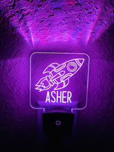 Load image into Gallery viewer, Personalized LED Spaceship Rocket Night Light | 7 Color Changing | Plug in Night Light | Name Light | Children's Night Light | Kids Room Light