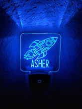 Load image into Gallery viewer, Personalized LED Spaceship Rocket Night Light | 7 Color Changing | Plug in Night Light | Name Light | Children's Night Light | Kids Room Light