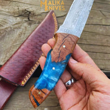 Load image into Gallery viewer, Handmad Damascus Steel Skinner Knife - Rosewood &amp; Resin Handle - Leather Sheath - Ultimate Outdoor Companion-0024