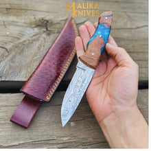 Load image into Gallery viewer, Handmad Damascus Steel Skinner Knife - Rosewood &amp; Resin Handle - Leather Sheath - Ultimate Outdoor Companion-0024