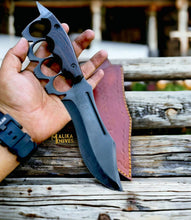 Load image into Gallery viewer, D2 Knuckle Bowie Knife Wenge Wood Full Tang Leather sheath