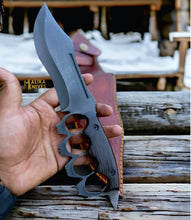 Load image into Gallery viewer, D2 Knuckle Bowie Knife Wenge Wood Full Tang Leather sheath