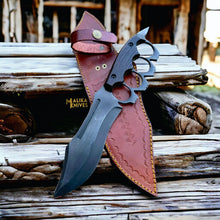 Load image into Gallery viewer, D2 Knuckle Bowie Knife Wenge Wood Full Tang Leather sheath