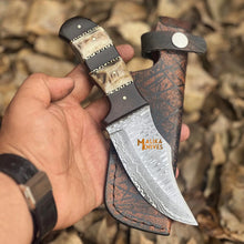 Load image into Gallery viewer, SS Damascus Stag Skinner Knife with Custom Leather Sheath-0047