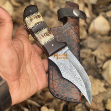 Load image into Gallery viewer, SS Damascus Stag Skinner Knife with Custom Leather Sheath-0047