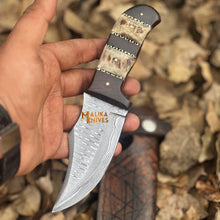 Load image into Gallery viewer, SS Damascus Stag Skinner Knife with Custom Leather Sheath-0047