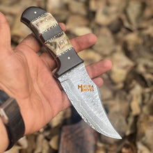 Load image into Gallery viewer, SS Damascus Stag Skinner Knife with Custom Leather Sheath-0047