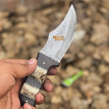 Load image into Gallery viewer, SS Damascus Stag Skinner Knife with Custom Leather Sheath-0047