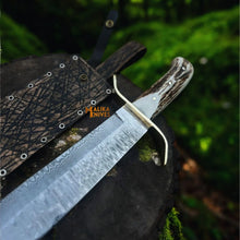 Load image into Gallery viewer, Wild West Bowie Knife Stainless Damascus Stag Handle