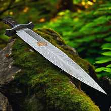 Load image into Gallery viewer, Feather Damascus Bowie Knife G10 Handle Leather Sheath