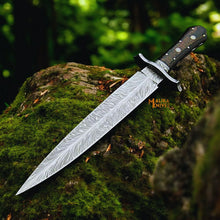 Load image into Gallery viewer, Feather Damascus Bowie Knife G10 Handle Leather Sheath