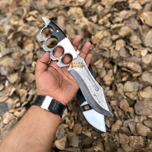 Load image into Gallery viewer, Damascus Knuckle Bowie Knife Resin Handle Leather Sheath