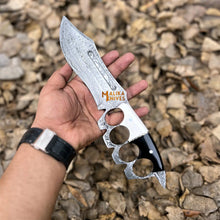 Load image into Gallery viewer, Damascus Knuckle Bowie Knife Resin Handle Leather Sheath