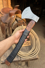 Load image into Gallery viewer, Heavy Duty Damascus Camp Axe with Leather Wrap Handle and Sheath, Hand-Forged Bushcraft Axe | JW SteelCrafts