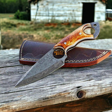 Load image into Gallery viewer, Ringtail Damascus Hunting Knife Camel Bone Handle