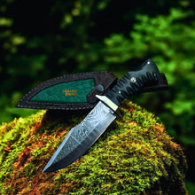 Load image into Gallery viewer, Damascus Bowie Hunting Knife with G10 Handle &amp; Leather Sheath