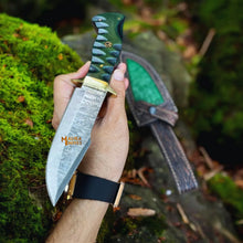Load image into Gallery viewer, Damascus Bowie Hunting Knife with G10 Handle &amp; Leather Sheath