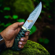 Load image into Gallery viewer, Damascus Bowie Hunting Knife with G10 Handle &amp; Leather Sheath