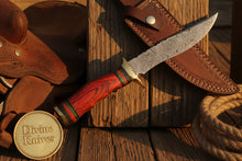 Load image into Gallery viewer, Field-Ready Damascus Gut Hook Knife with Rich Burgundy Wood Grip