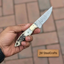 Load image into Gallery viewer, Handmade Damascus Drop Point EDC Knife Fixed Blade Stag Handle Brass Bolster