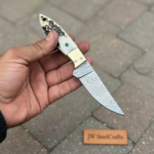 Load image into Gallery viewer, Handmade Damascus Drop Point EDC Knife Fixed Blade Stag Handle Brass Bolster