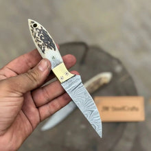 Load image into Gallery viewer, Handmade Damascus Drop Point EDC Knife Fixed Blade Stag Handle Brass Bolster