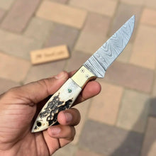 Load image into Gallery viewer, Handmade Damascus Drop Point EDC Knife Fixed Blade Stag Handle Brass Bolster