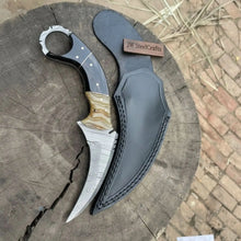 Load image into Gallery viewer, Karambit Style Recurve Knife Damascus Blade Finger Ring Hybrid Handle