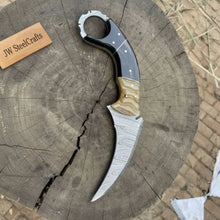 Load image into Gallery viewer, Karambit Style Recurve Knife Damascus Blade Finger Ring Hybrid Handle