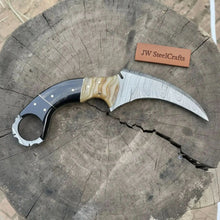 Load image into Gallery viewer, Karambit Style Recurve Knife Damascus Blade Finger Ring Hybrid Handle