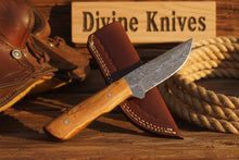 Load image into Gallery viewer, Natural Olive Wood Damascus Knife with Included Leather Sheath