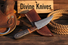 Load image into Gallery viewer, Copper Banded Two-Tone Wood Damascus Clip Point Hunting Knife