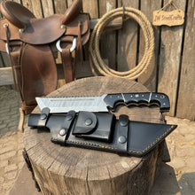 Load image into Gallery viewer, Handmade Damascus Tracker Knife 12” Sawback Blade Survival Knife Black resin Handle &amp; Sheath