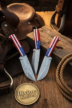 Load image into Gallery viewer, Damascus Skinner Knife Set with American Flag Handles (Set of 3)