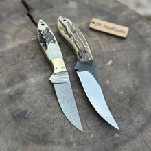 Load image into Gallery viewer, Nessmuk Style Knife Set Damascus and Polished Trailing Point Blades Stag Bone Handles