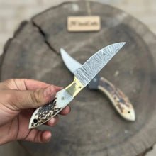 Load image into Gallery viewer, Nessmuk Style Knife Set Damascus and Polished Trailing Point Blades Stag Bone Handles